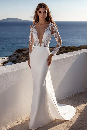 Lace Mermaid Ivory Wedding Dress With Long Sleeves